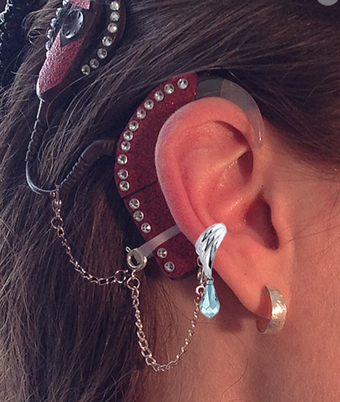 Red cochclear implant ear cuff with crystals 