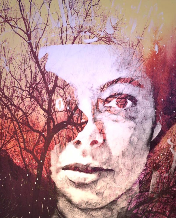 A double exposure photo of the writers face, with a cat and tree background overlapping.