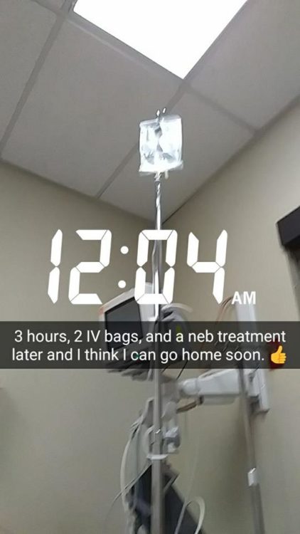 photo of saline iv bags with time stamp saying 12:04 am