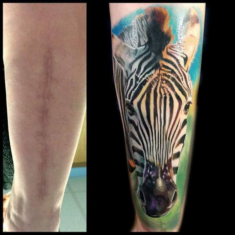 zebra tattoo covering scar