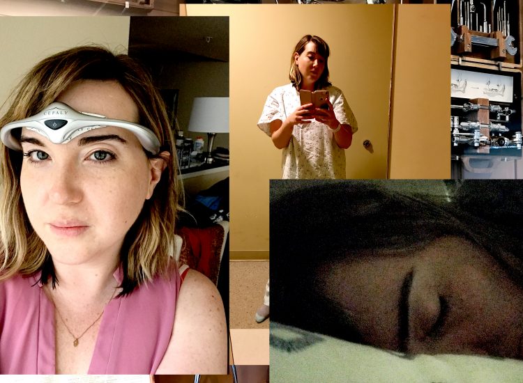 A collage of a woman, including pictures of her sleeping and in hospital clothing and gear.