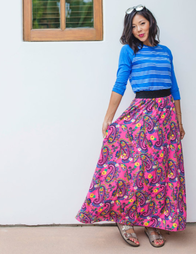 lularoe pink floral skirt and blue shirt