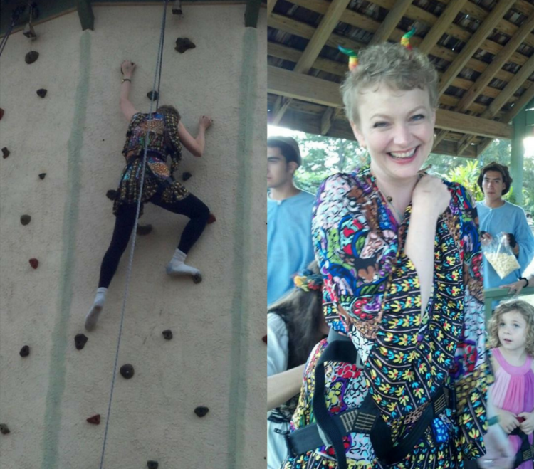 photo of a woman rock climbing next to photo of a woman smiling after climbing