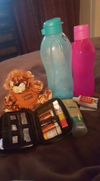 wallet, stuffed animal and water bottles