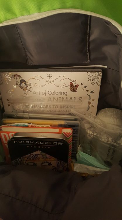 inside of bag with coloring book and pens