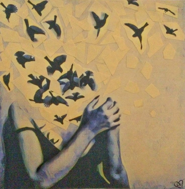 painting by the author of a woman whose head has turned into birds