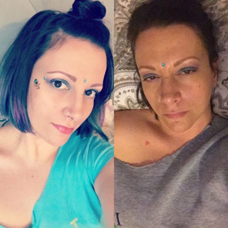 photo of woman dressed up and wearing makeup at the beginning of the day, and photo of the same woman at the end of the day lying in bed