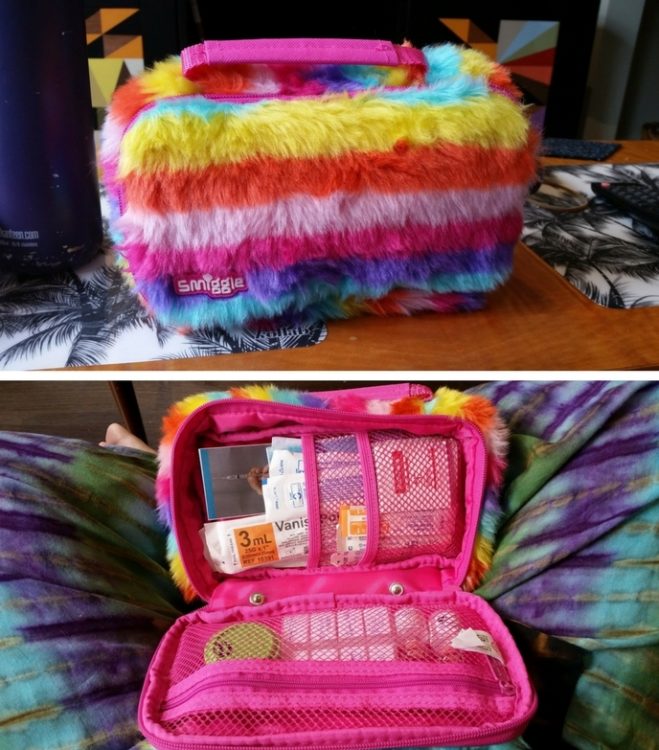 rainbow furry bag outside and inside