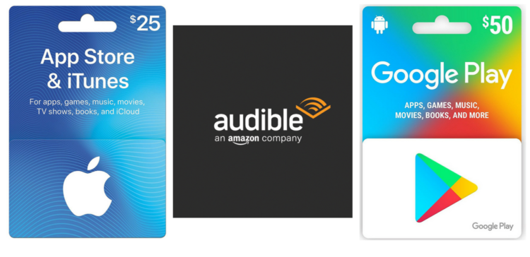apple gift card, audible gift card, google play gift card