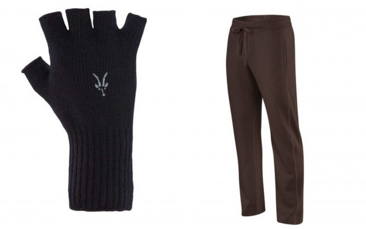 ibex black fingerless gloves and maroon men's sweatpants