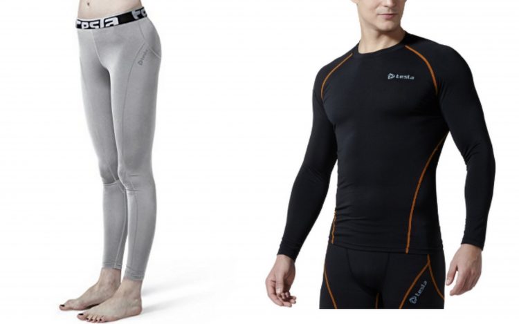 tesla gray leggings and men's black long sleeved shirt