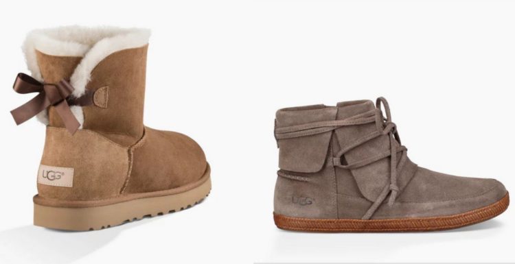ugg boot, mid calf length with bow in back, and ugg ankle boot with lace that wraps around top of boot