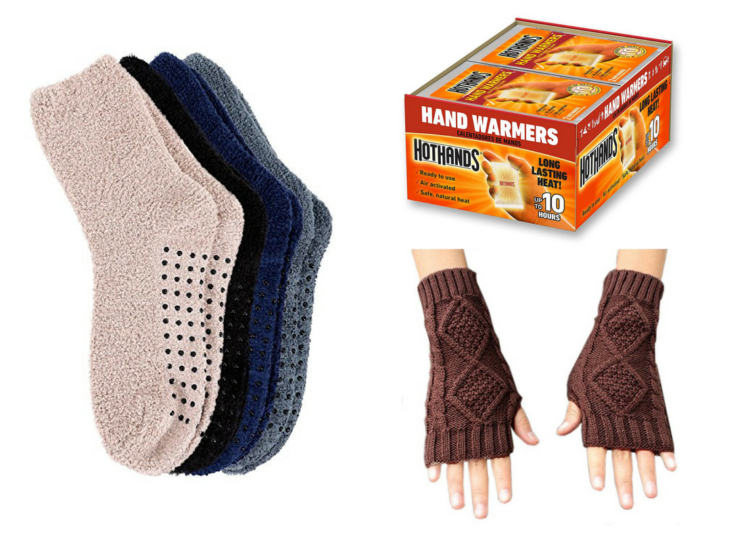 fuzzy socks, hothands hand warmers and fingerless gloves
