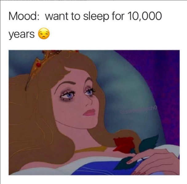 image of sleeping beauty with dark circles under eyes and text Mood: want to sleep for 10,000 years