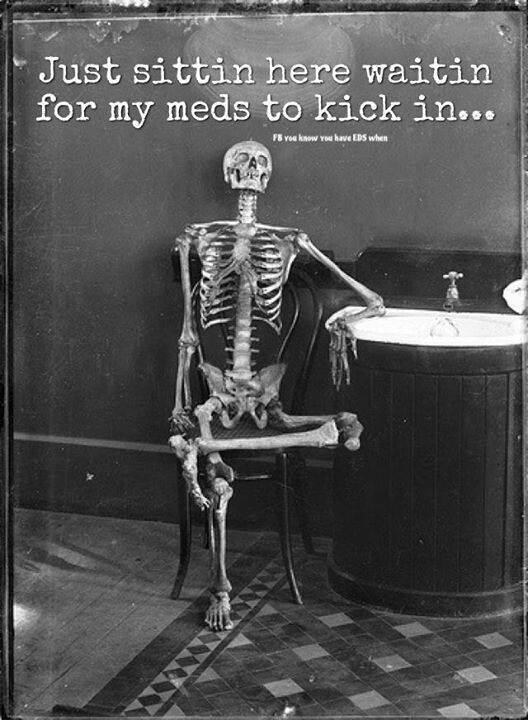 meme of skeleton sitting at table with text waiting for my pain meds to kick in