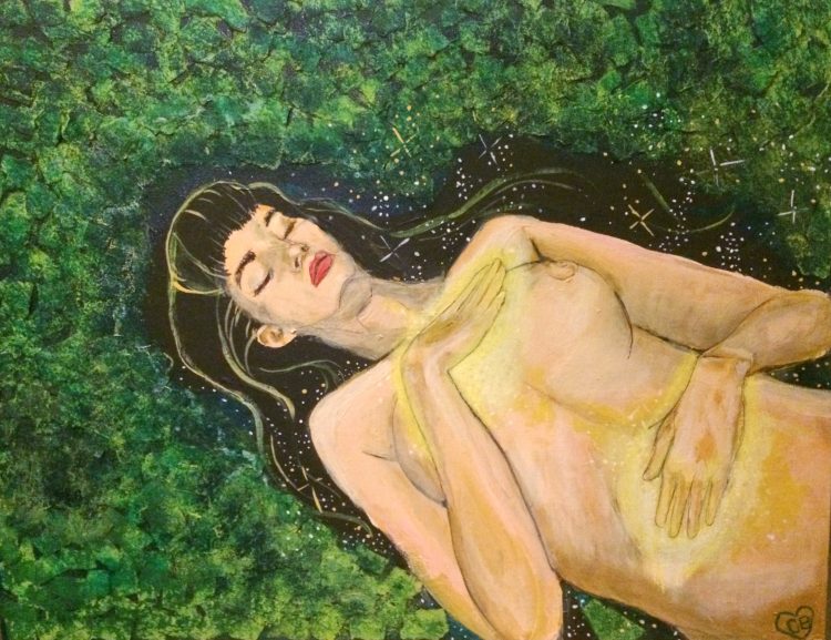 painting of a woman lying down with her hands on her body
