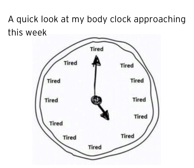 text a quick look at my body clock approaching this week and a drawing of a clock with tired instead of every number
