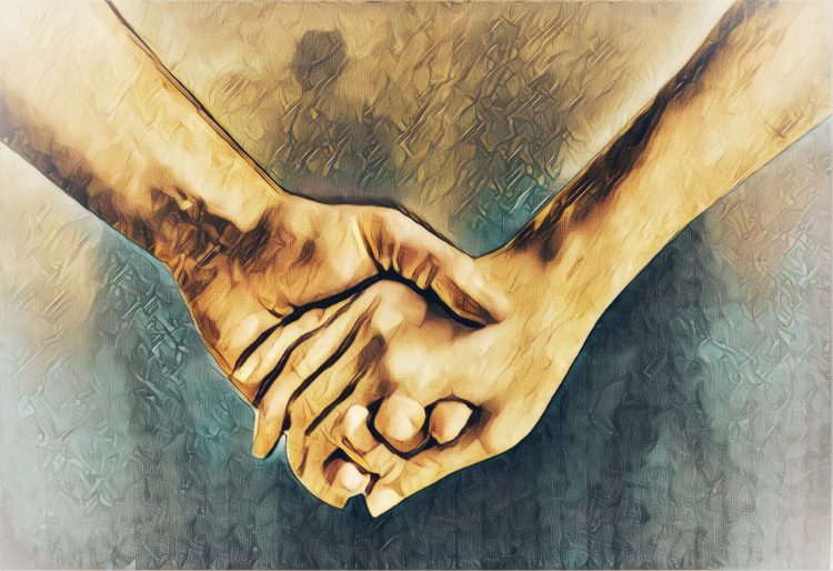 painting of two people holding hands