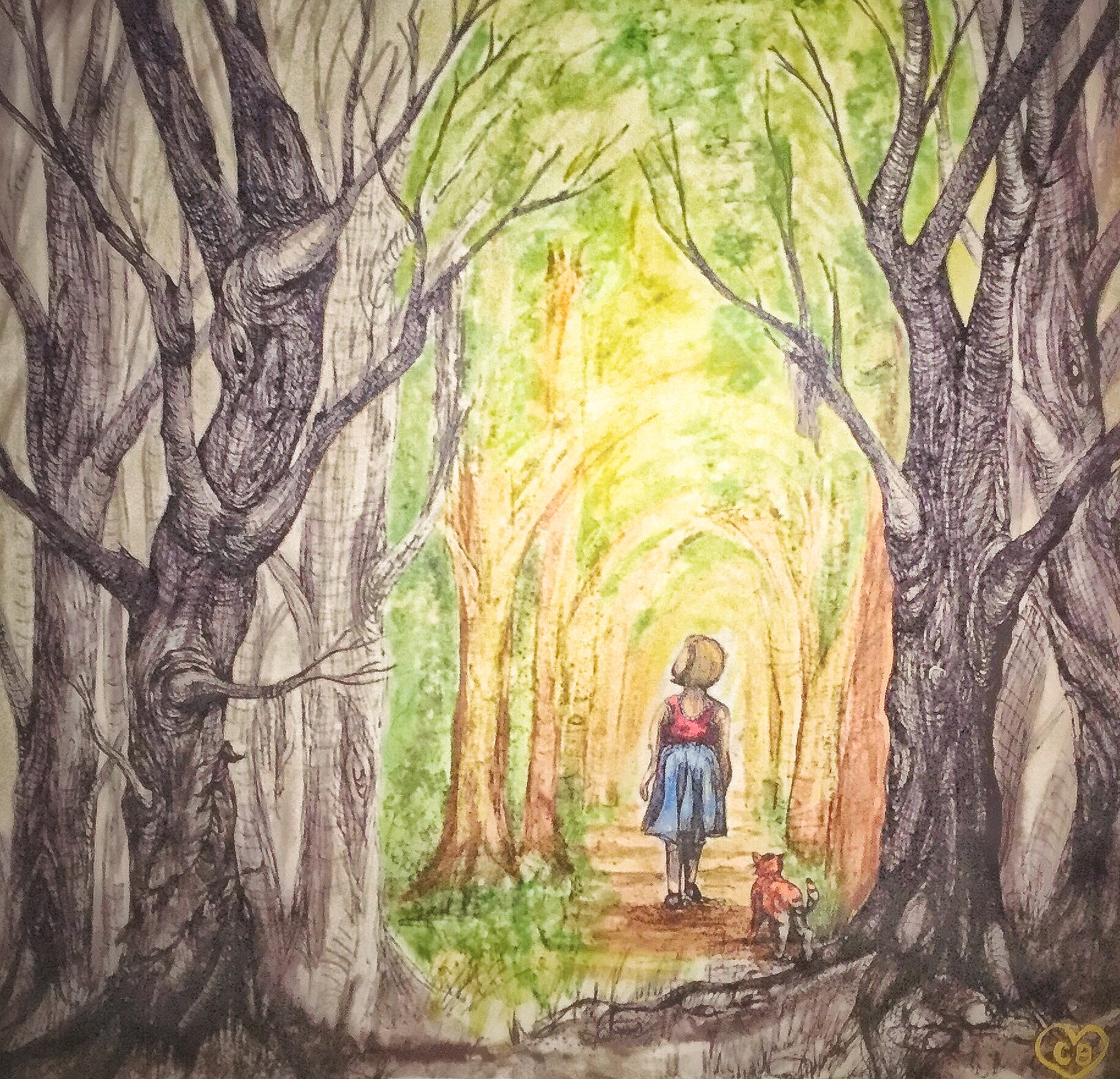 An illustration of a woman walking through a forest.