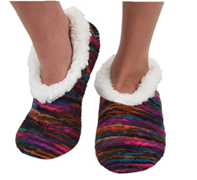 snoozies slippers with sherpa fleece lining and red and pink striped design
