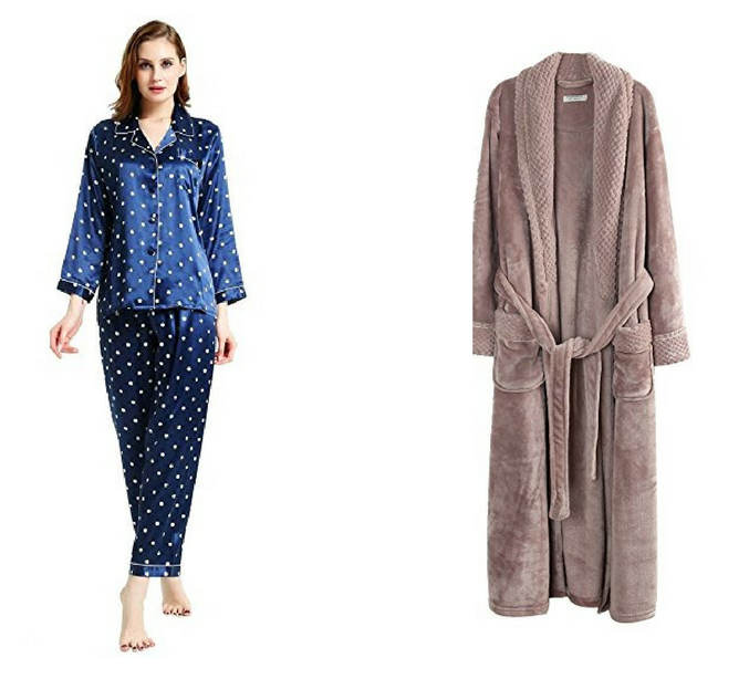 silky pajamas and plush robe