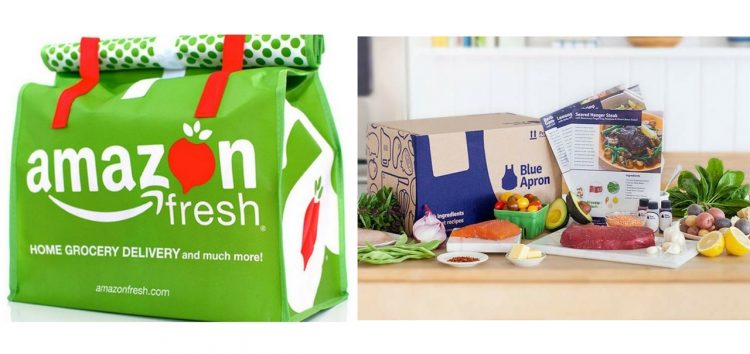 amazon fresh grocery bag and blue apron box with ingredients and recipe cards