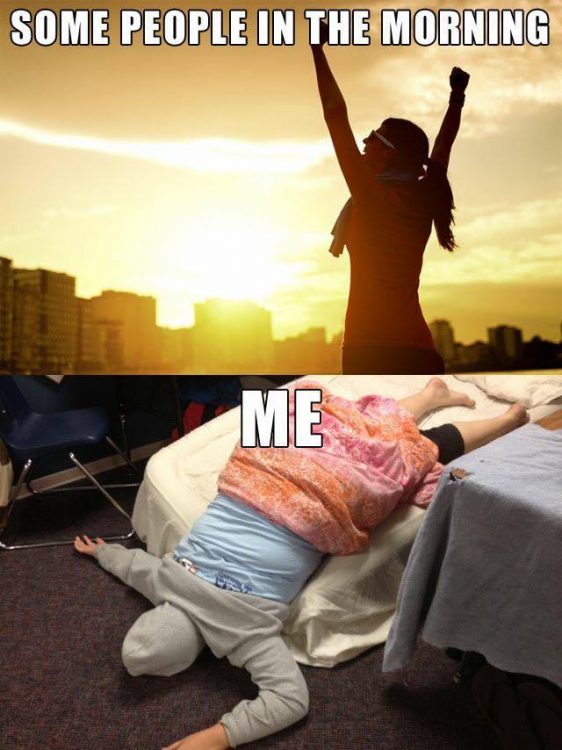 image of woman raising arm at sunrise with text some people in the morning and image of woman face down on bed with text me