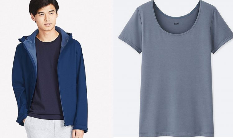 uniqlo men's parka and women's blue t shirt