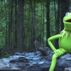 Kermit the Frog puppet sitting on a log tree
