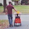father pushes around boy dressed in a mister rogers costume