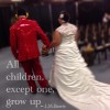 A young man in a red tuxedo walking a woman down the aisle in her wedding dress with the words, "All children, except one, grow up," on the photo.