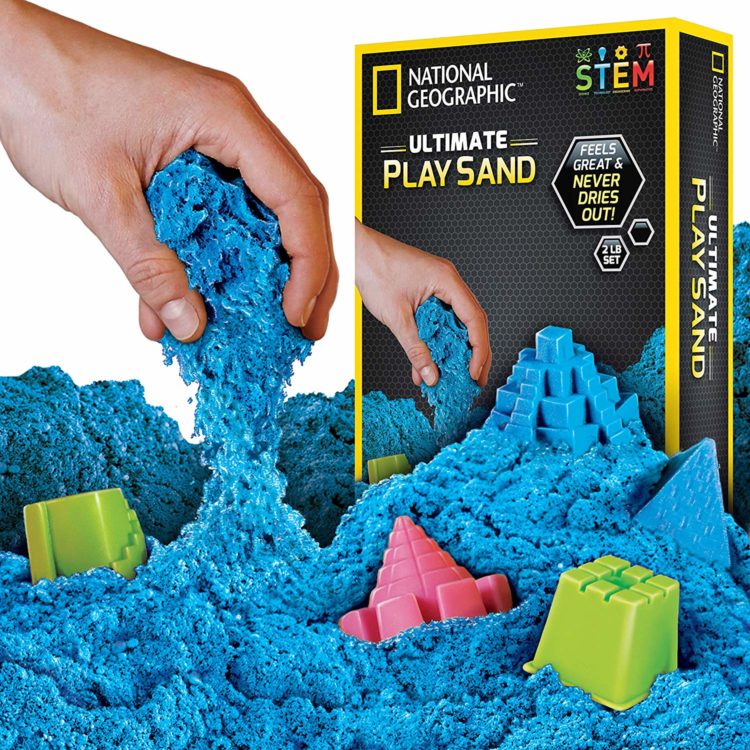 blue play sand with the box it came from