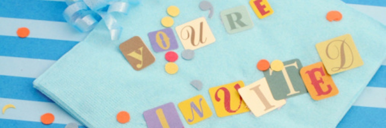 My Friends' Inclusion of My Sibling on the Autism Spectrum napkin at party with colorful text saying 'you're invited'