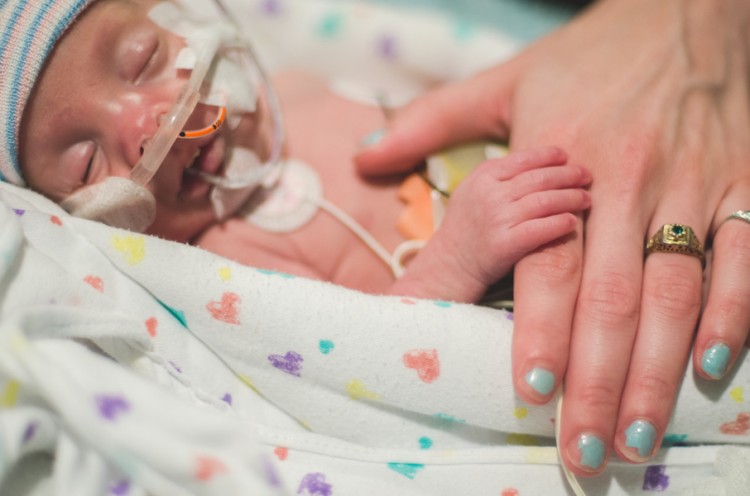 preemie with mother's hand