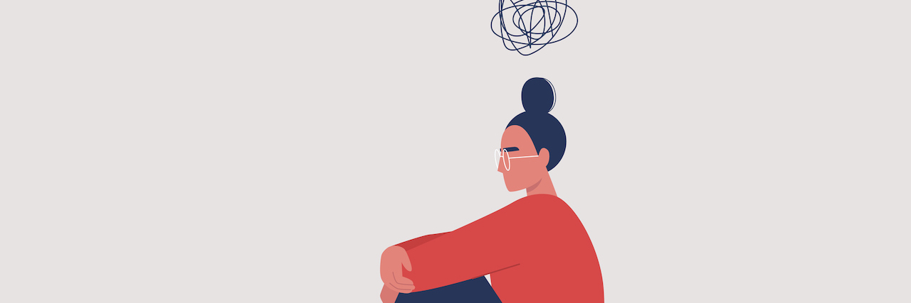 What It's Like to Have PTSD Illustration of person sitting on the floor and holding their knees, a cartoon scribble above their head