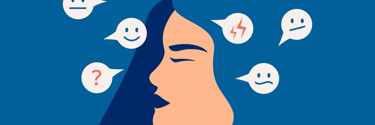 45 People Living With Bipolar Disorder Explain What It's Like Mood swing concept. Many emotions surround young female with Bipolar disorder. Woman suffers from hormonal with a change in mood. Mental health vector illustration