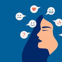 Mood swing concept. Many emotions surround young female with Bipolar disorder. Woman suffers from hormonal with a change in mood. Mental health vector illustration