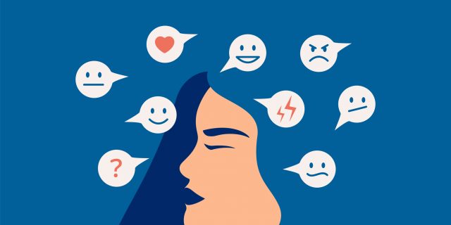 45 Truths People With Bipolar Disorder Wish Others Understood Mood swing concept. Many emotions surround young female with Bipolar disorder. Woman suffers from hormonal with a change in mood. Mental health vector illustration