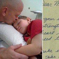 dad with son in hospital and letter