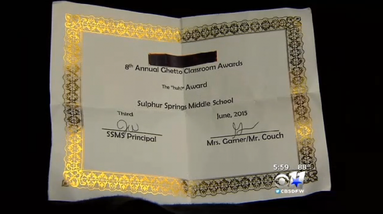 Photo of "award" given to student