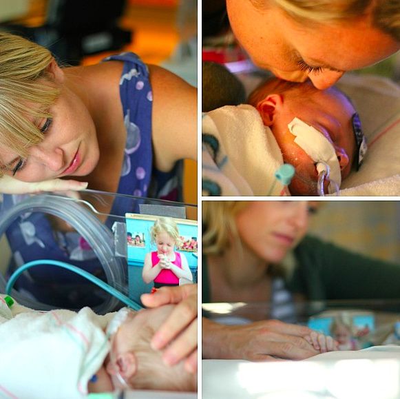 A collage of photos of Christie, the author, next to her baby in the NICU