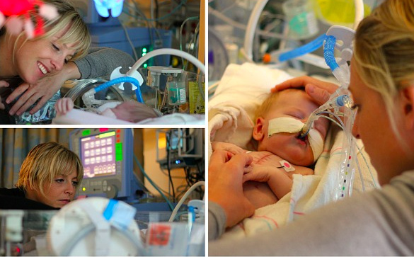 A collage of photos of Christie, the author, next to her baby in the NICU