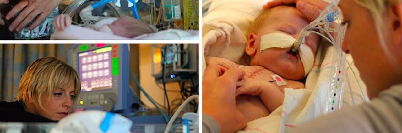 A Message to Moms With Babies in the NICU A collage of photos of Christie, the author, next to her baby in the NICU