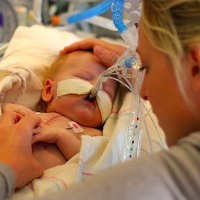 A collage of photos of Christie, the author, next to her baby in the NICU