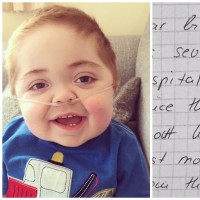 a collage of photo of baby boy and a letter from anonymous donor to son