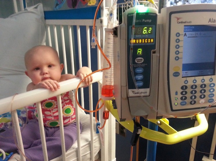 Baby sitting in a crib surrounded by hospital monitors.