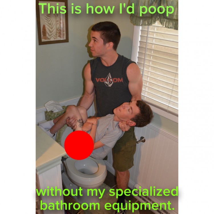 A man holds Shane over the toilet. Text reads: This is how I'd poop without my specialized bathroom equipment. 