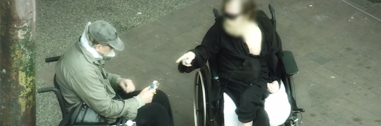 Vancouver Police Staff Sgt. Mark Horsley Goes Undercover in Wheelchair two men in wheelchairs talking