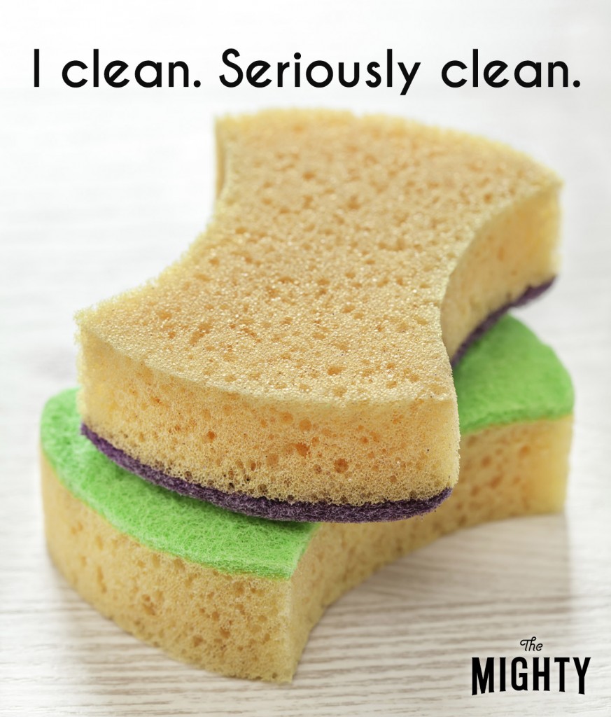 Two sponges stacked on top of each other under the text, [I clean. Seriously clean.]