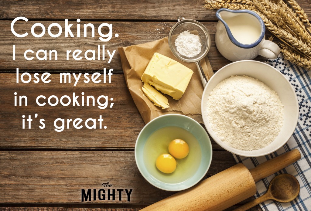 A photo of prepped baking ingredients (flour, butter, egg yolks, sugar, milk, wooden spoon and roller). Accompanying text: [Cooking. I can really lose myself in cooking; it's great.]